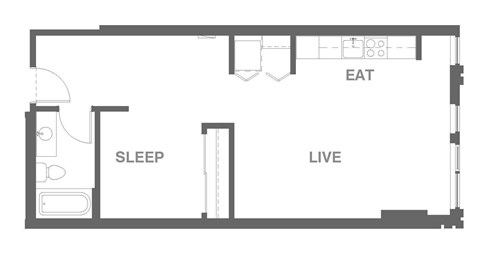 Floor plan for 1 bed, 1 bath, 651 sqft
